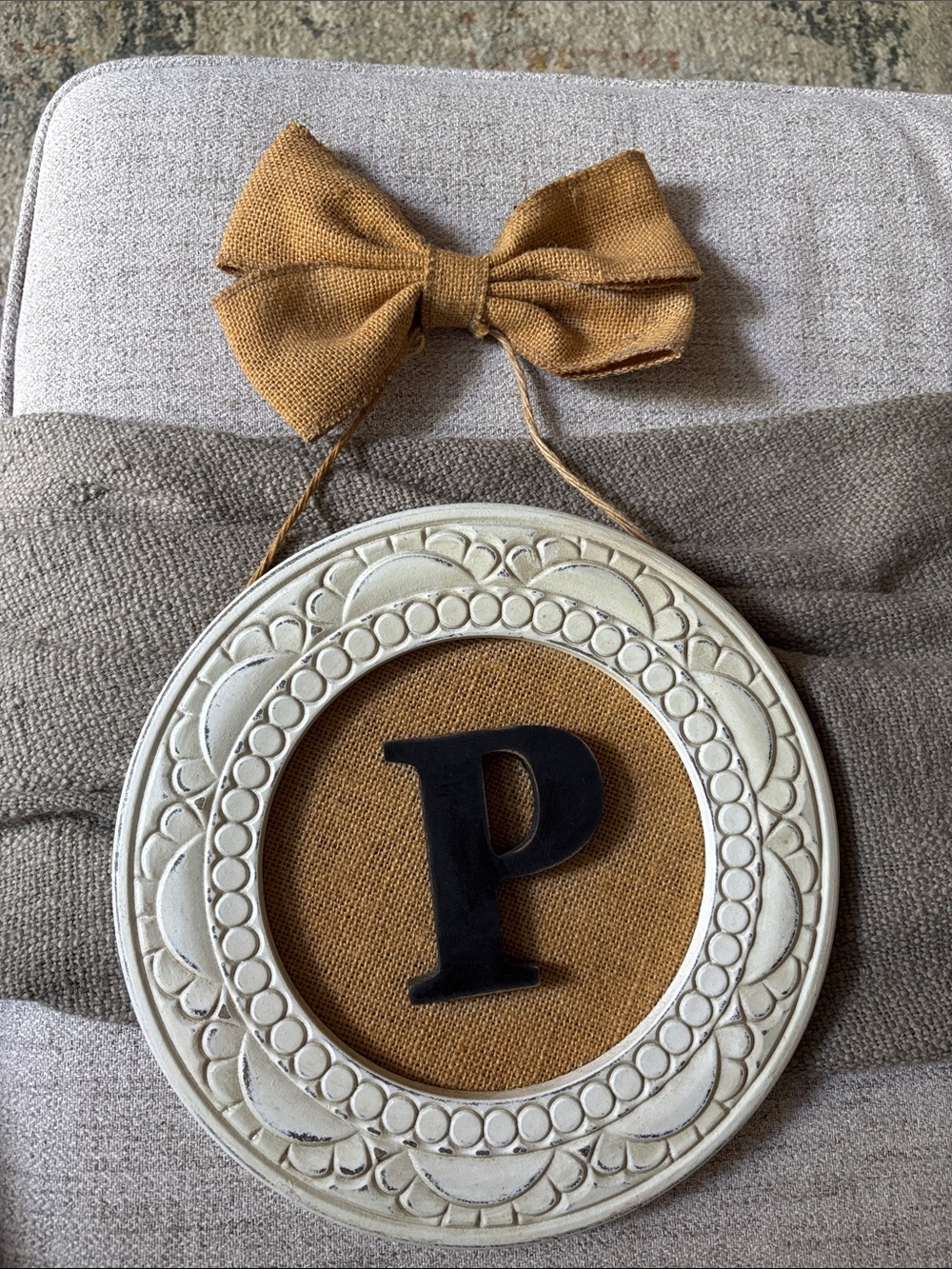 Kirklands Monogramed “P” Cream Round Wall Decor with Tan Burlap Bow